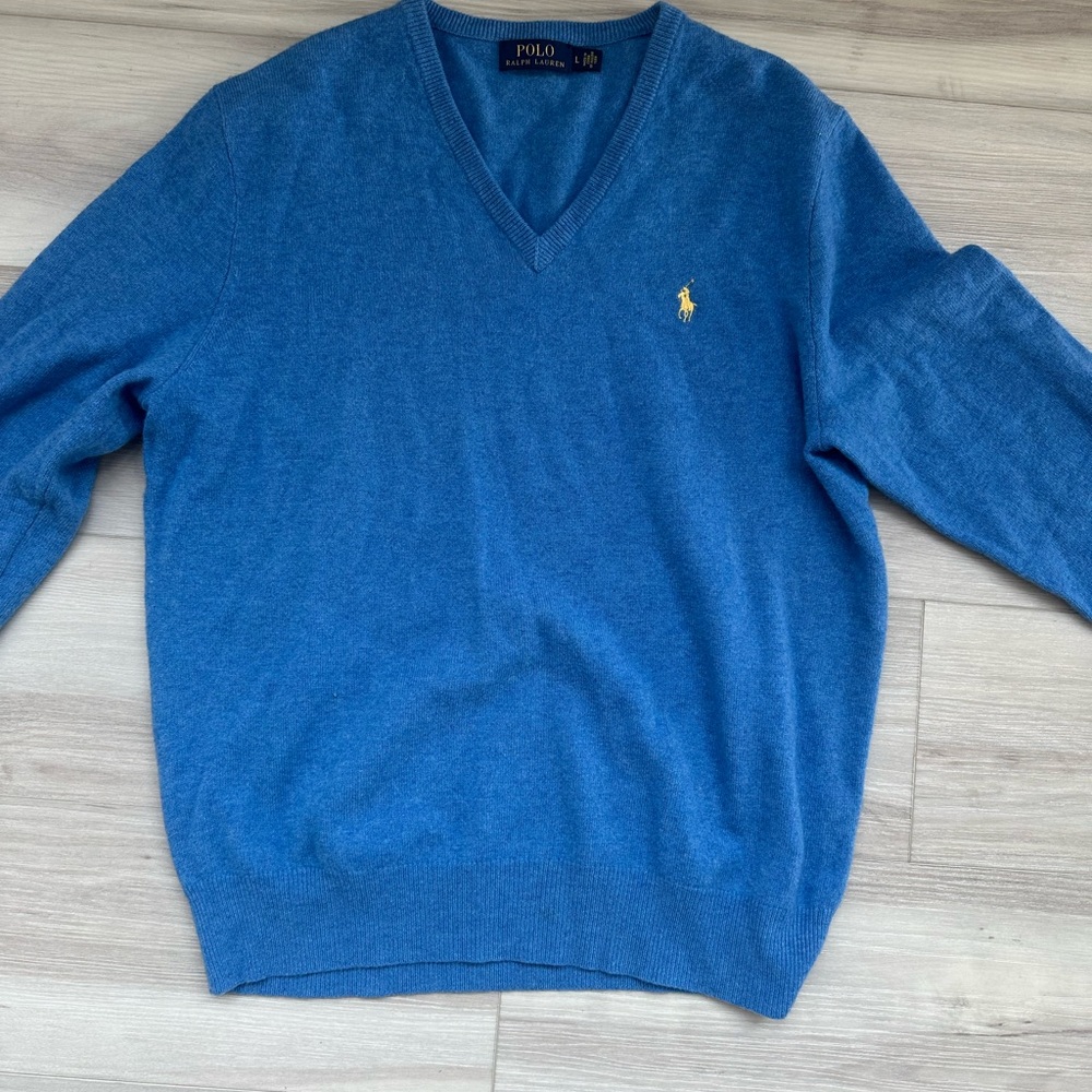Ralph Lauren Blue V-Neck Sweater Classic Knit